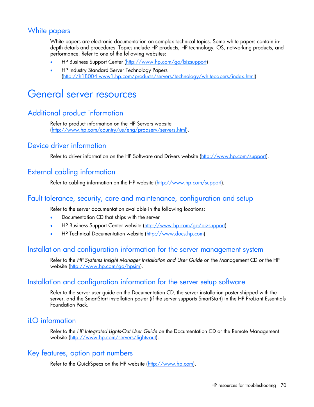 HP ProLight Server manual General server resources, White papers, Additional product information 