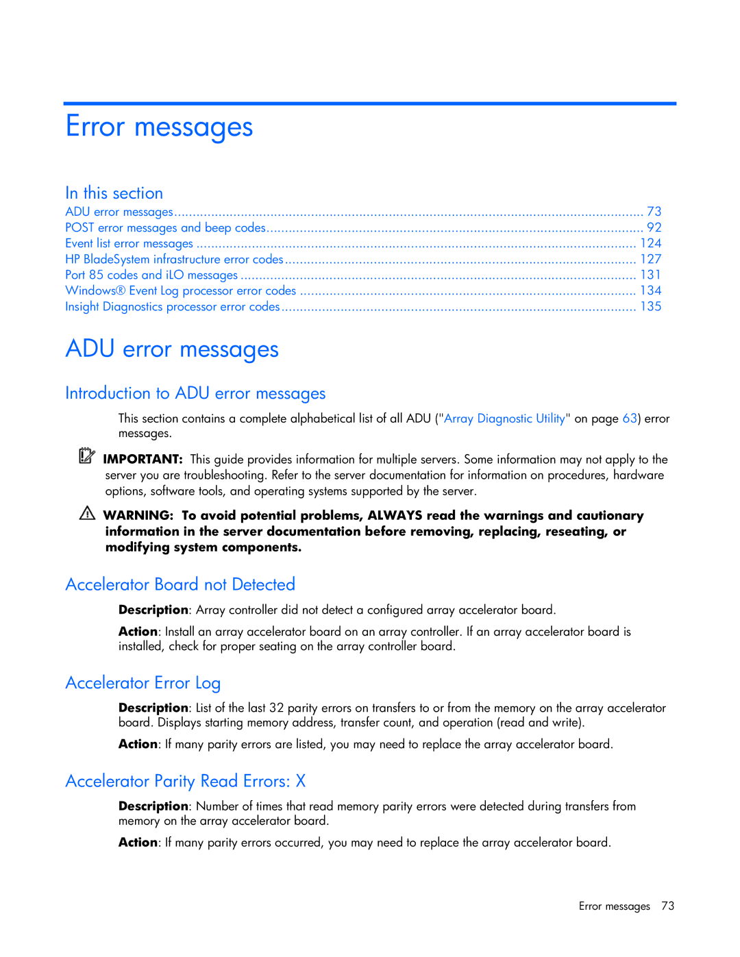 HP ProLight Server manual Error messages, ADU error messages 