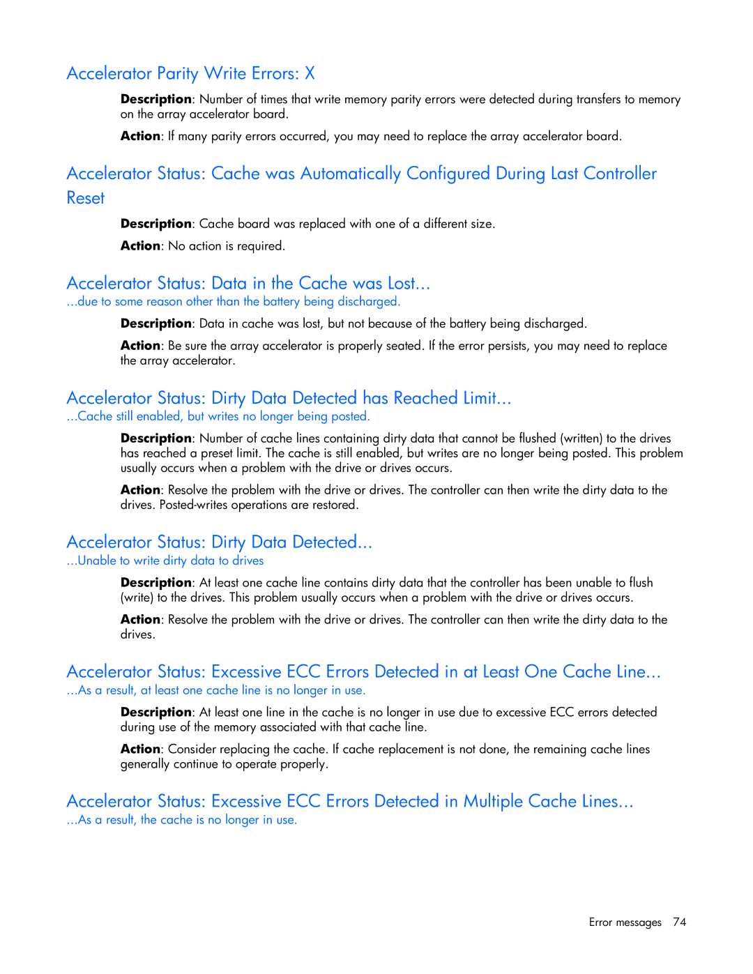HP ProLight Server manual Accelerator Parity Write Errors, Accelerator Status Data in the Cache was Lost 