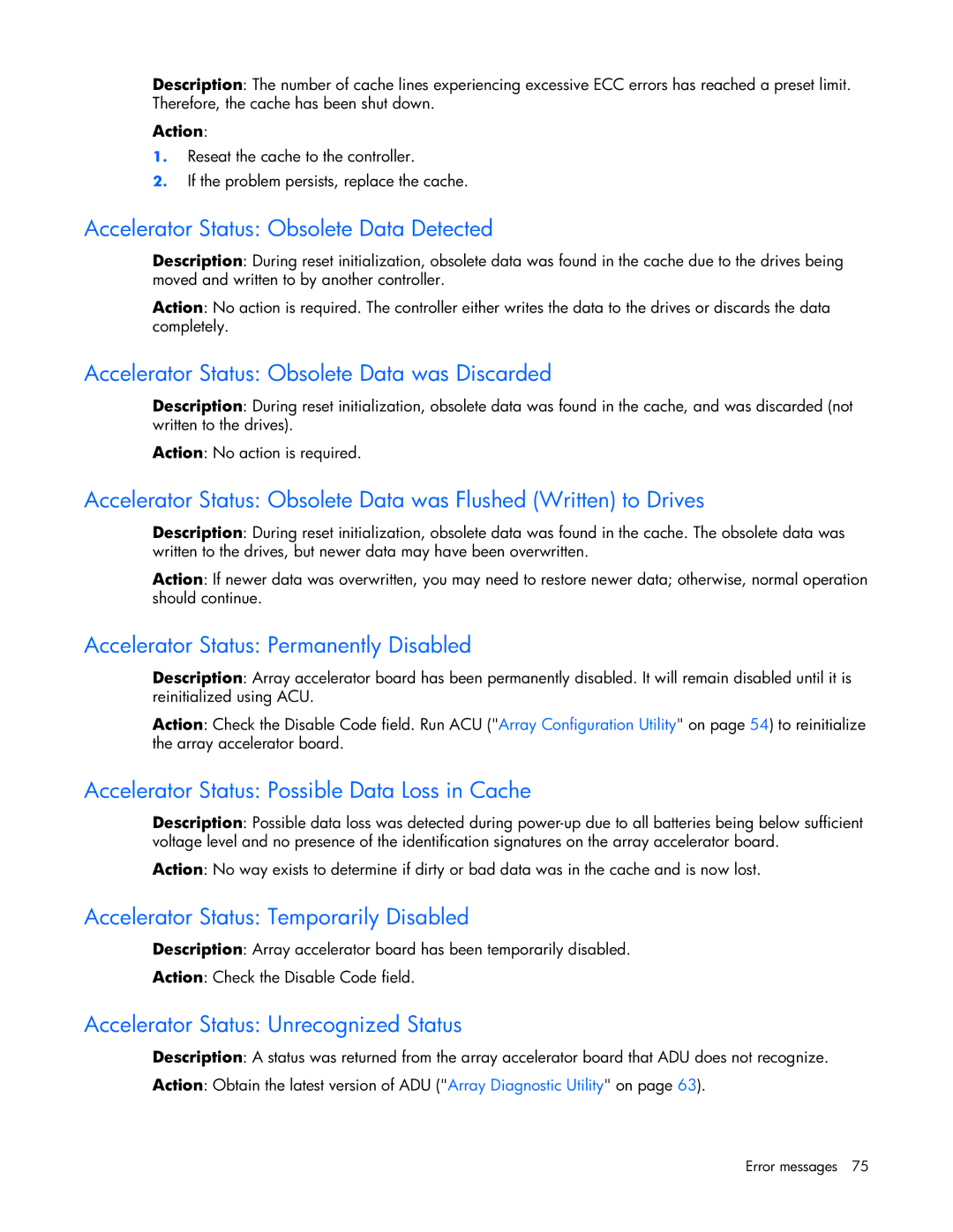 HP ProLight Server manual Accelerator Status Obsolete Data Detected, Accelerator Status Obsolete Data was Discarded 