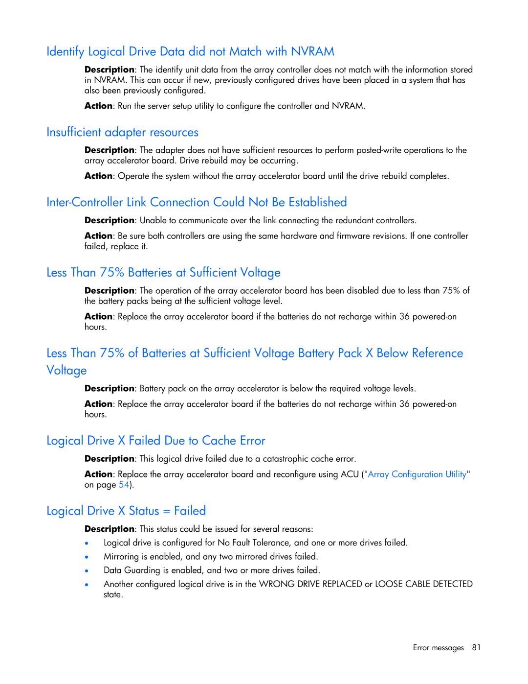 HP ProLight Server manual Identify Logical Drive Data did not Match with Nvram, Insufficient adapter resources 