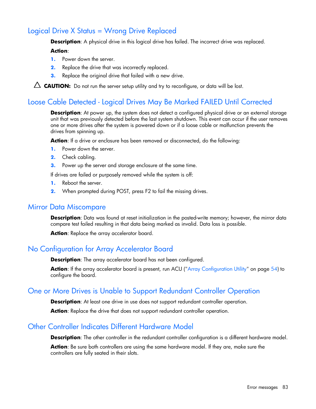 HP ProLight Server manual Logical Drive X Status = Wrong Drive Replaced, Mirror Data Miscompare 
