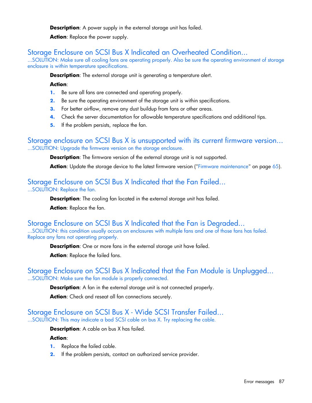 HP ProLight Server manual Storage Enclosure on Scsi Bus X Wide Scsi Transfer Failed, Solution Replace the fan 