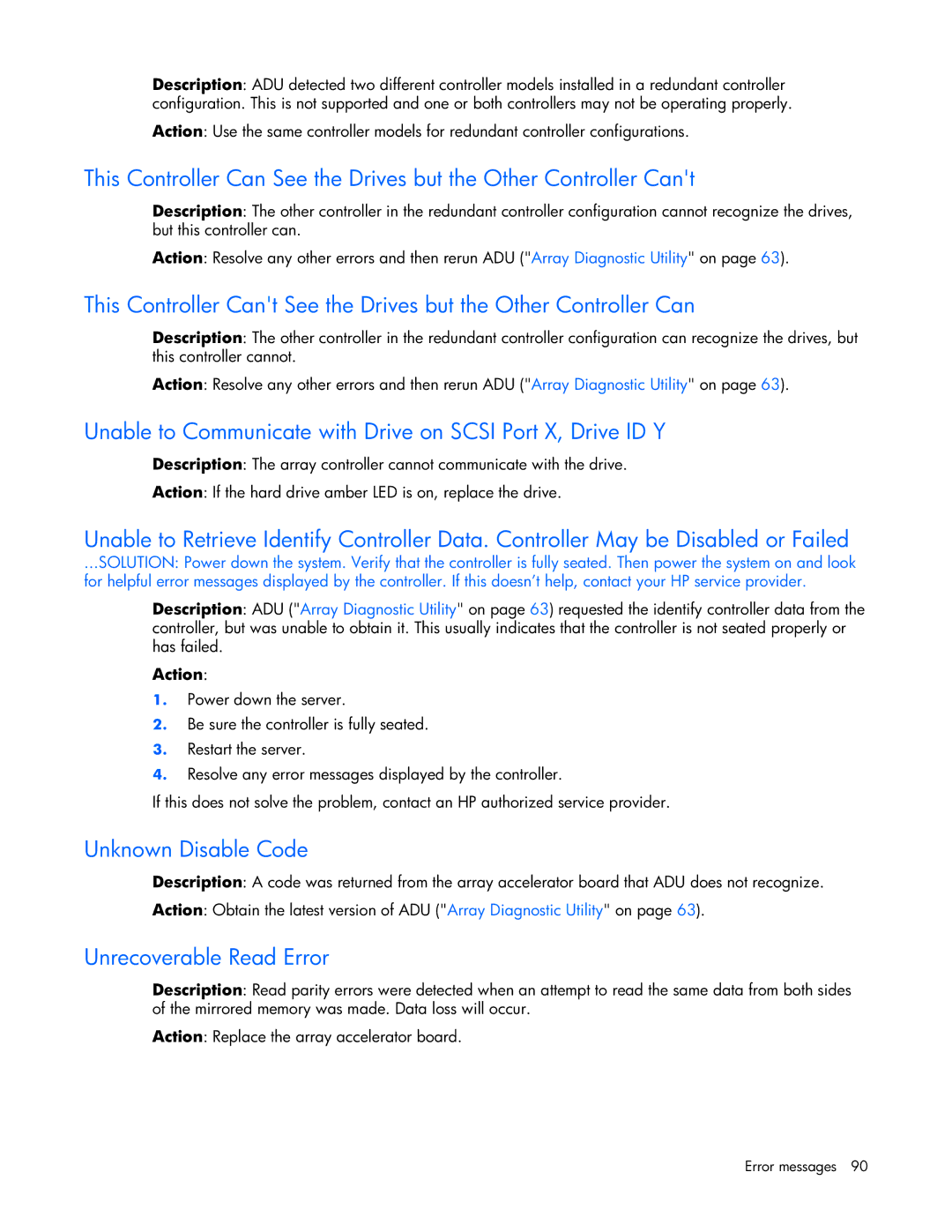 HP ProLight Server manual Unable to Communicate with Drive on Scsi Port X, Drive ID Y, Unknown Disable Code 
