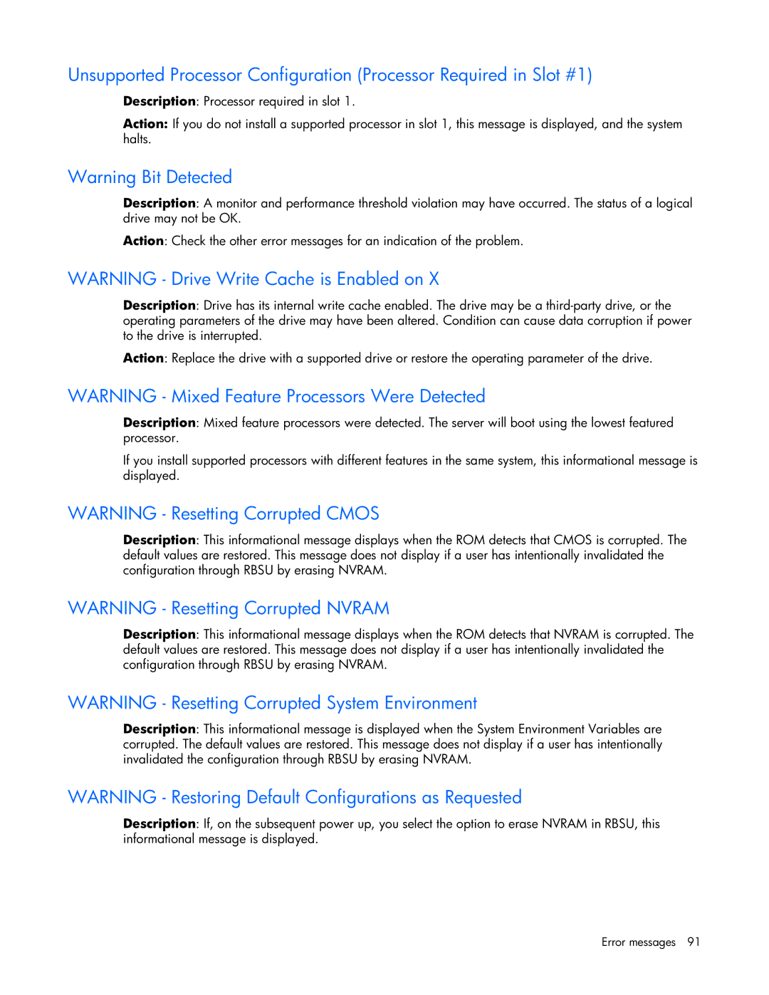 HP ProLight Server manual Error messages 