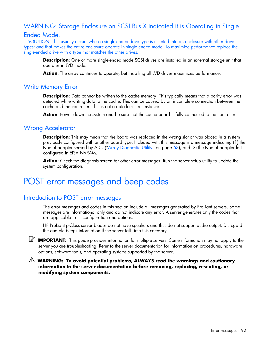 HP ProLight Server manual Post error messages and beep codes, Ended Mode, Write Memory Error, Wrong Accelerator 