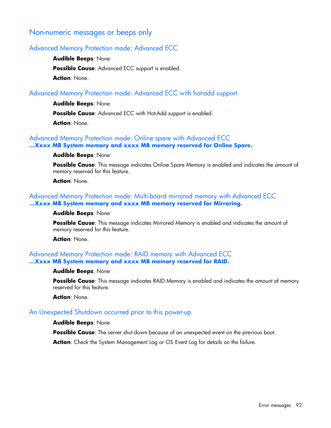 HP ProLight Server manual Non-numeric messages or beeps only, Advanced Memory Protection mode Advanced ECC 