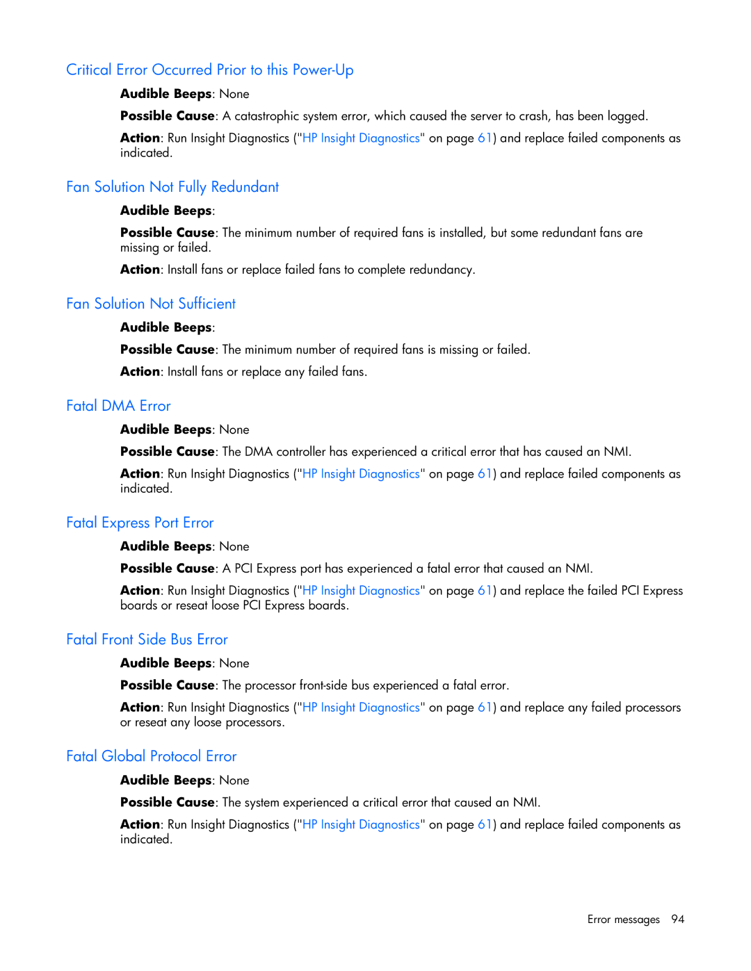 HP ProLight Server manual Critical Error Occurred Prior to this Power-Up, Fan Solution Not Fully Redundant, Fatal DMA Error 