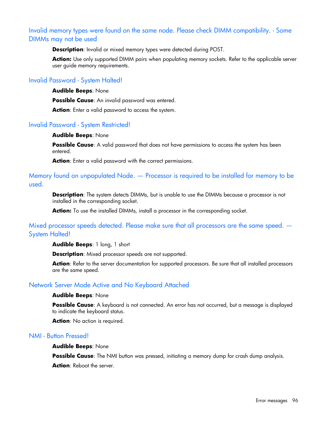 HP ProLight Server manual Invalid Password System Halted, Invalid Password System Restricted, NMI Button Pressed 