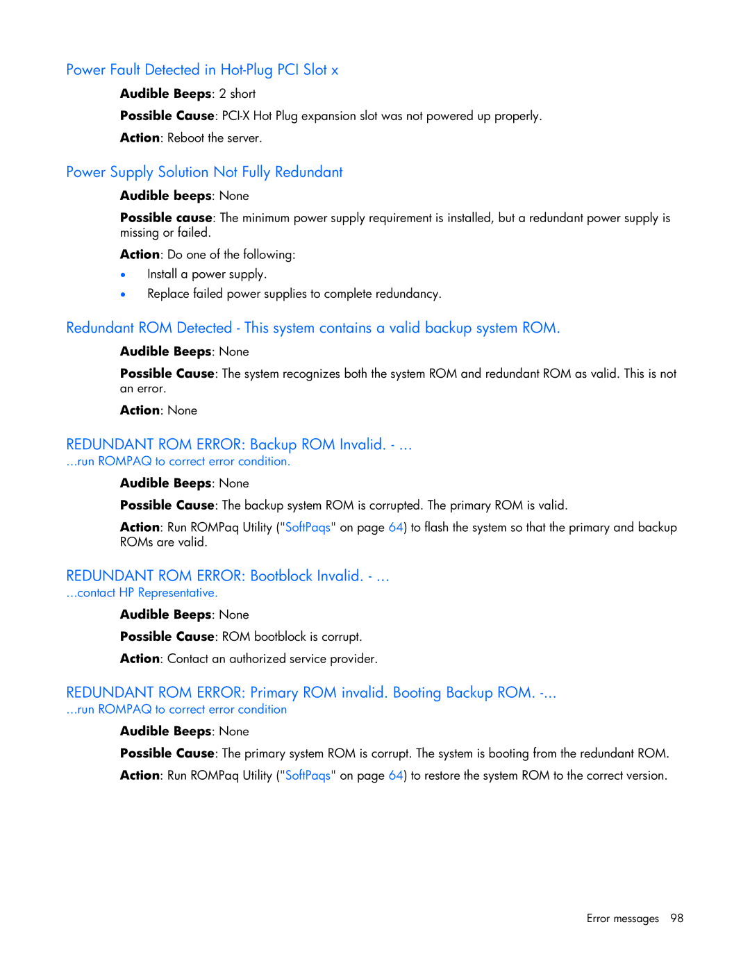 HP ProLight Server manual Power Fault Detected in Hot-Plug PCI Slot, Power Supply Solution Not Fully Redundant 