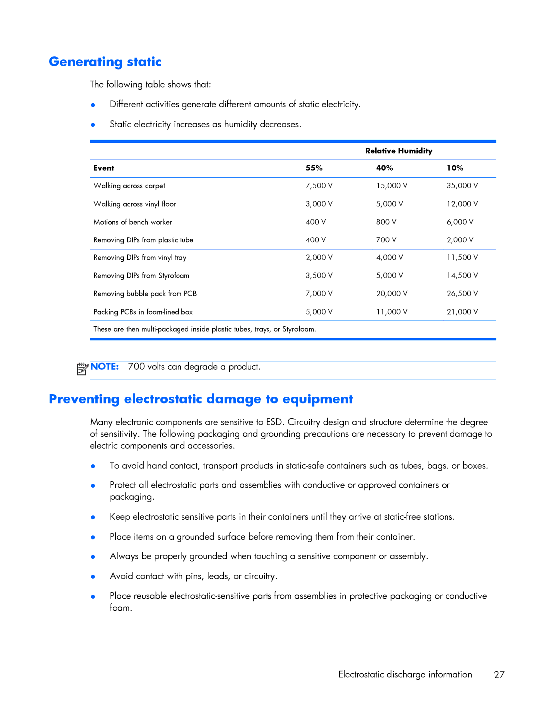 HP Promo 800 G1 E1Z80UTABA, Promo 800 G1 E1Z82UTABA manual Generating static, Preventing electrostatic damage to equipment 