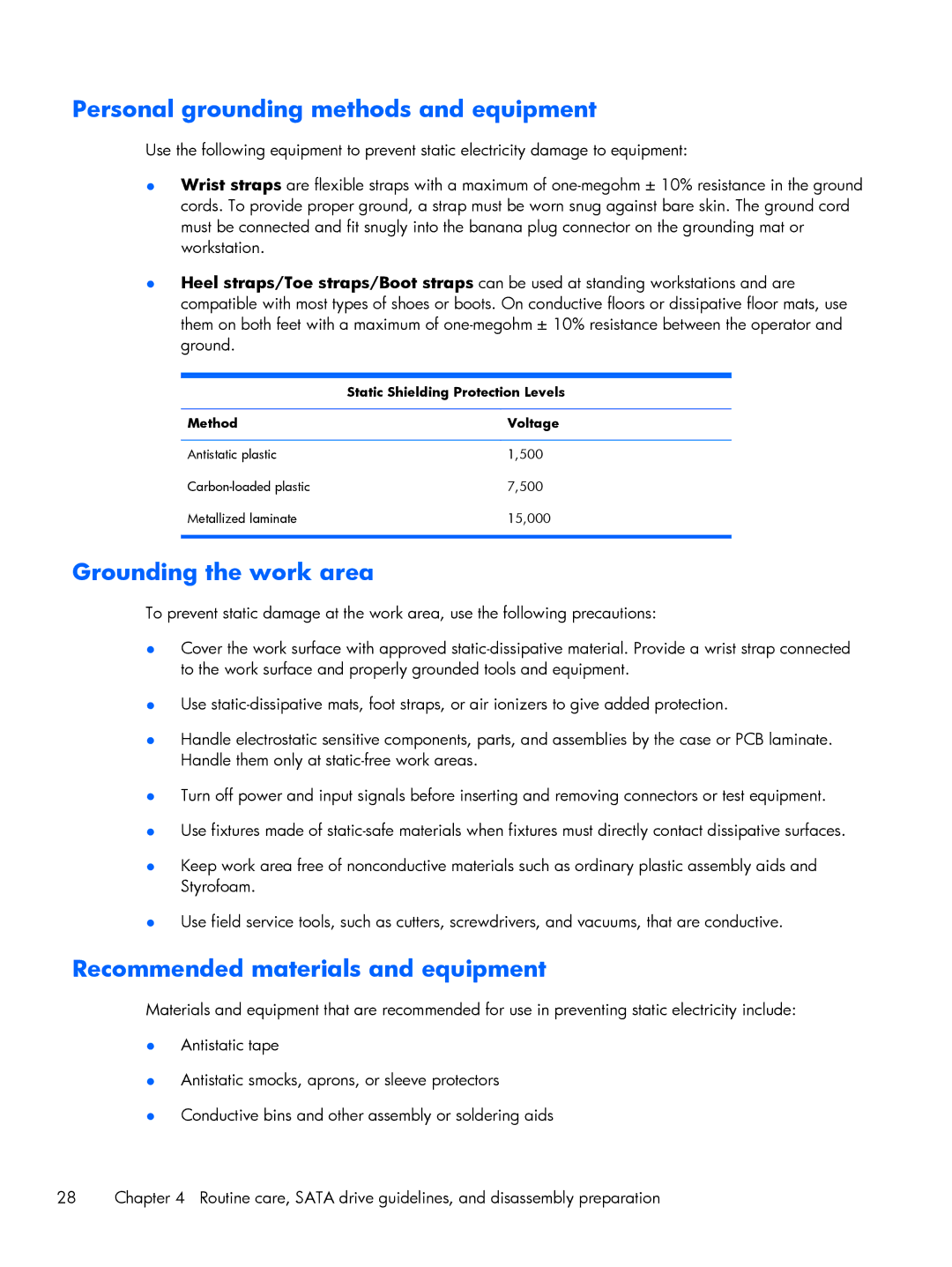 HP E2A03UT E2A03UT#ABA manual Personal grounding methods and equipment, Grounding the work area, Method Voltage 