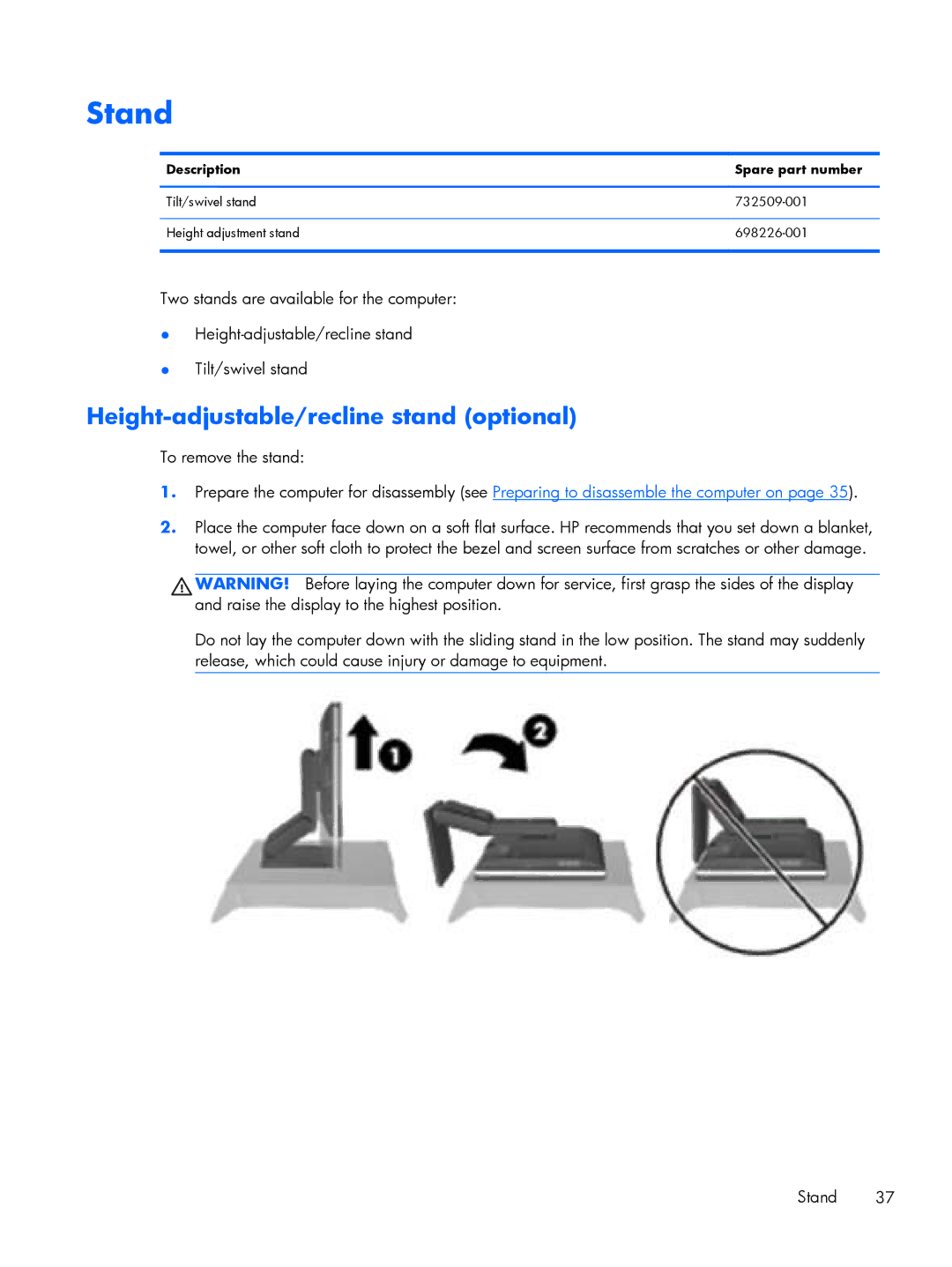 HP E1Z80UT E1Z80UT#ABA, Promo 800 G1 E1Z82UTABA manual Stand, Height-adjustable/recline stand optional, To remove the stand 