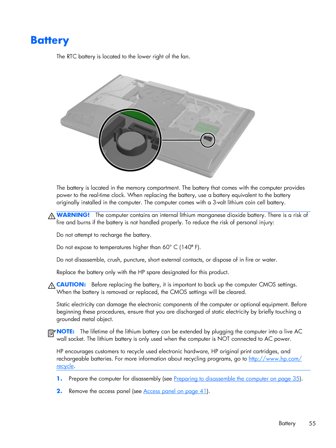 HP Promo 800 G1 E1Z80UTABA, Promo 800 G1 E1Z82UTABA manual Remove the access panel see Access panel on Battery 
