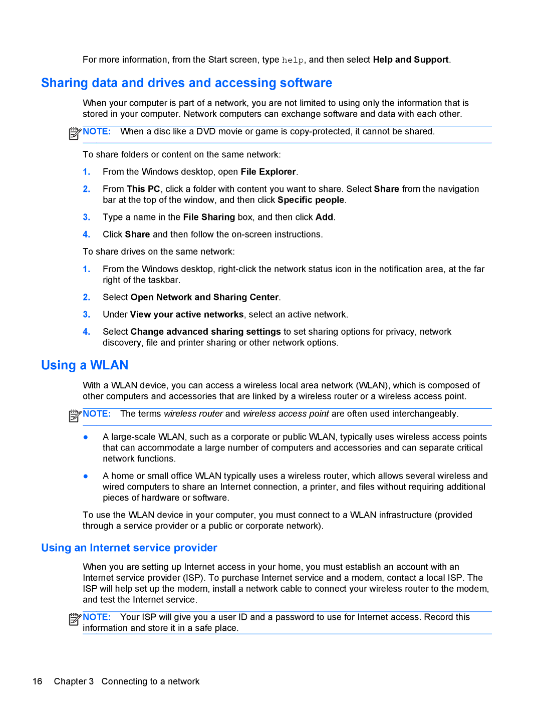 HP Provantage F3F15UA#ABA Sharing data and drives and accessing software, Using a Wlan, Using an Internet service provider 