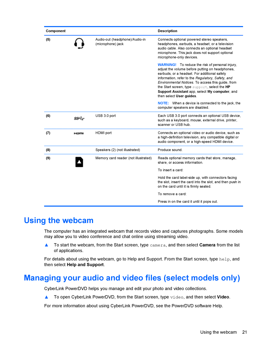 HP Provantage F3F15UA#ABA manual Using the webcam, Managing your audio and video files select models only 