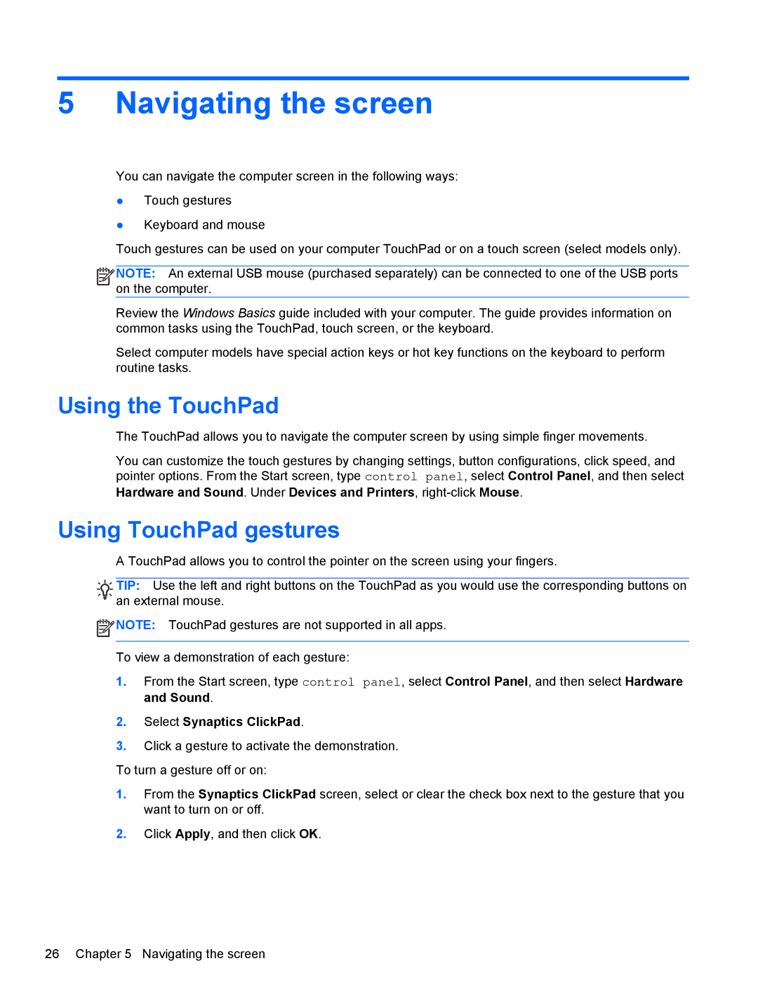 HP Provantage F3F15UA#ABA manual Navigating the screen, Using the TouchPad, Using TouchPad gestures 