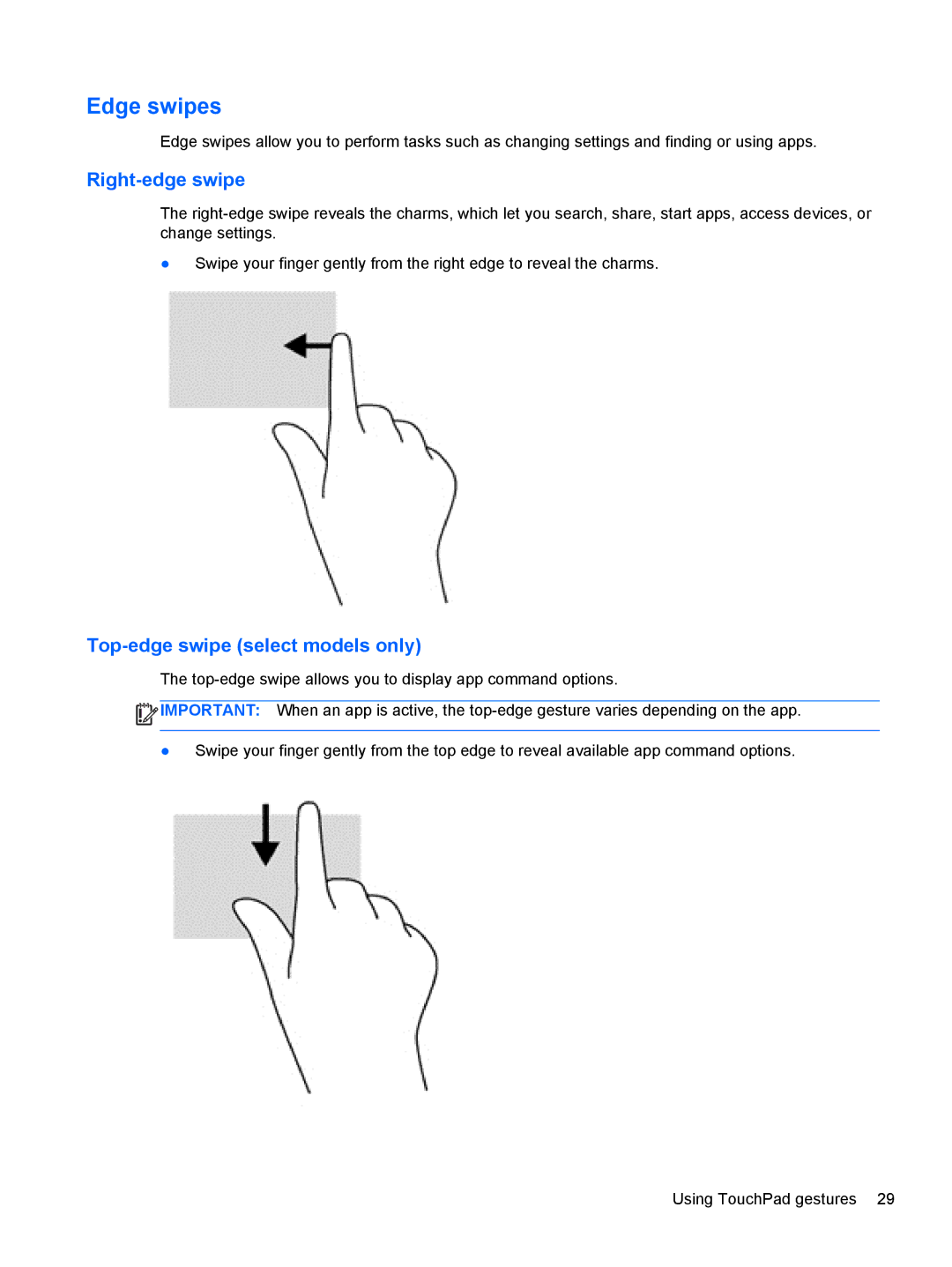 HP Provantage F3F15UA#ABA manual Edge swipes, Right-edge swipe, Top-edge swipe select models only 