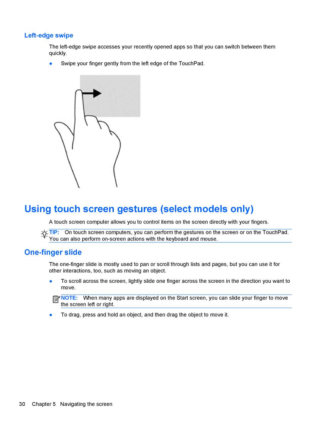 HP Provantage F3F15UA#ABA manual Using touch screen gestures select models only, One-finger slide, Left-edge swipe 