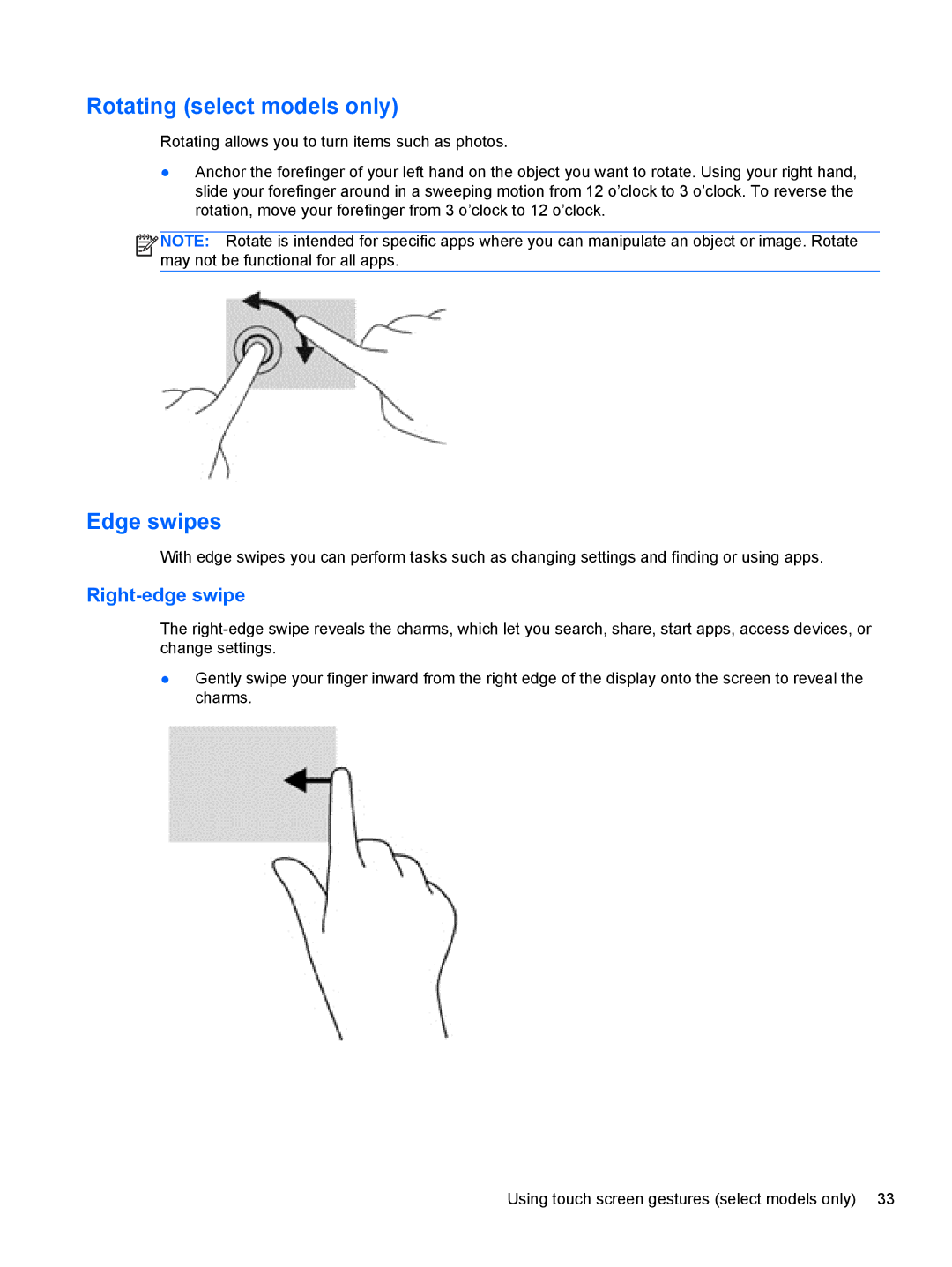 HP Provantage F3F15UA#ABA manual Rotating select models only, Edge swipes 