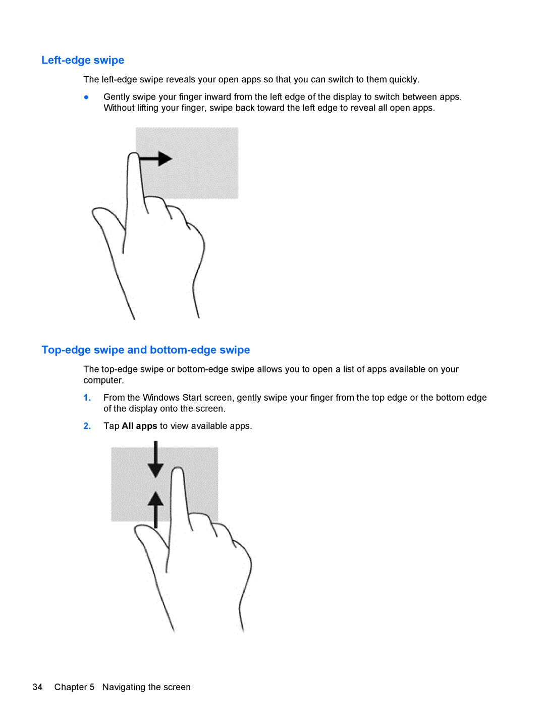 HP Provantage F3F15UA#ABA manual Left-edge swipe, Top-edge swipe and bottom-edge swipe 