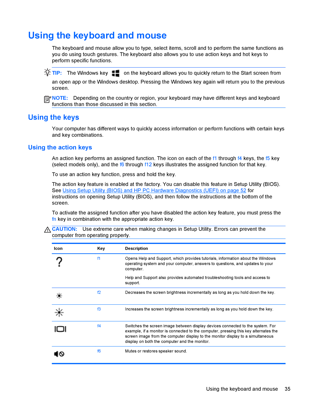 HP Provantage F3F15UA#ABA manual Using the keyboard and mouse, Using the keys, Using the action keys 