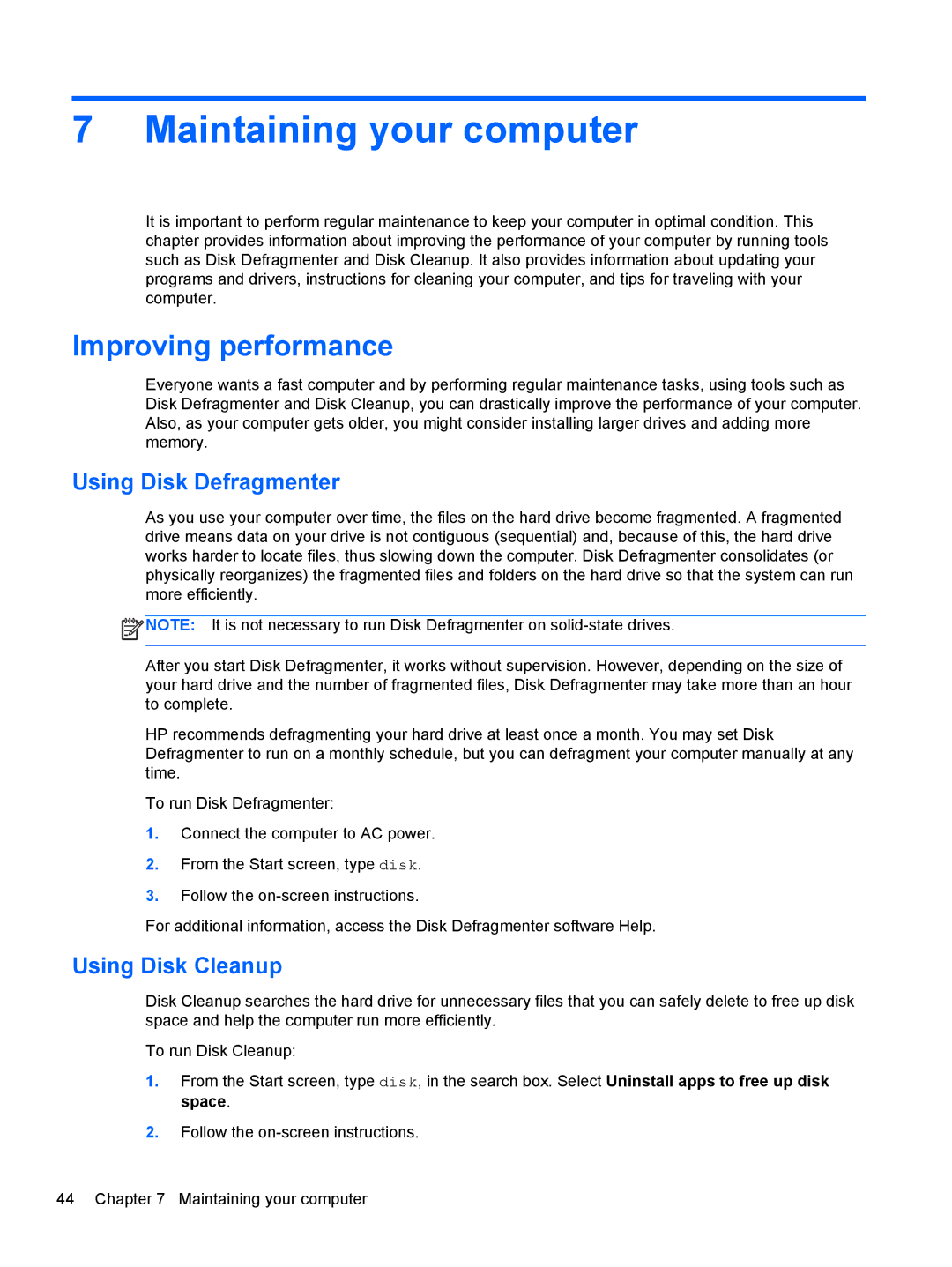 HP Provantage F3F15UA#ABA Maintaining your computer, Improving performance, Using Disk Defragmenter, Using Disk Cleanup 