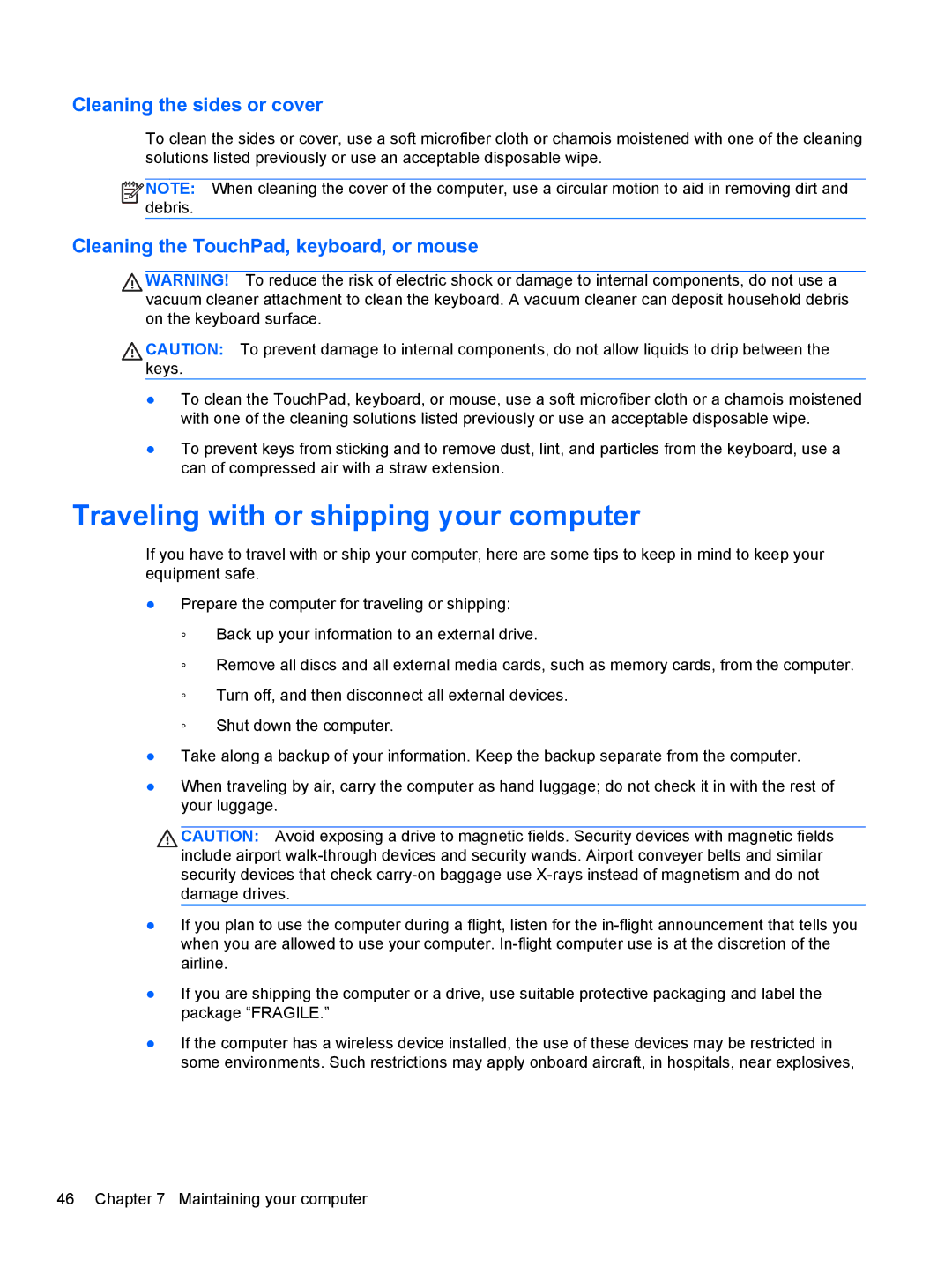 HP Provantage F3F15UA#ABA manual Traveling with or shipping your computer, Cleaning the sides or cover 