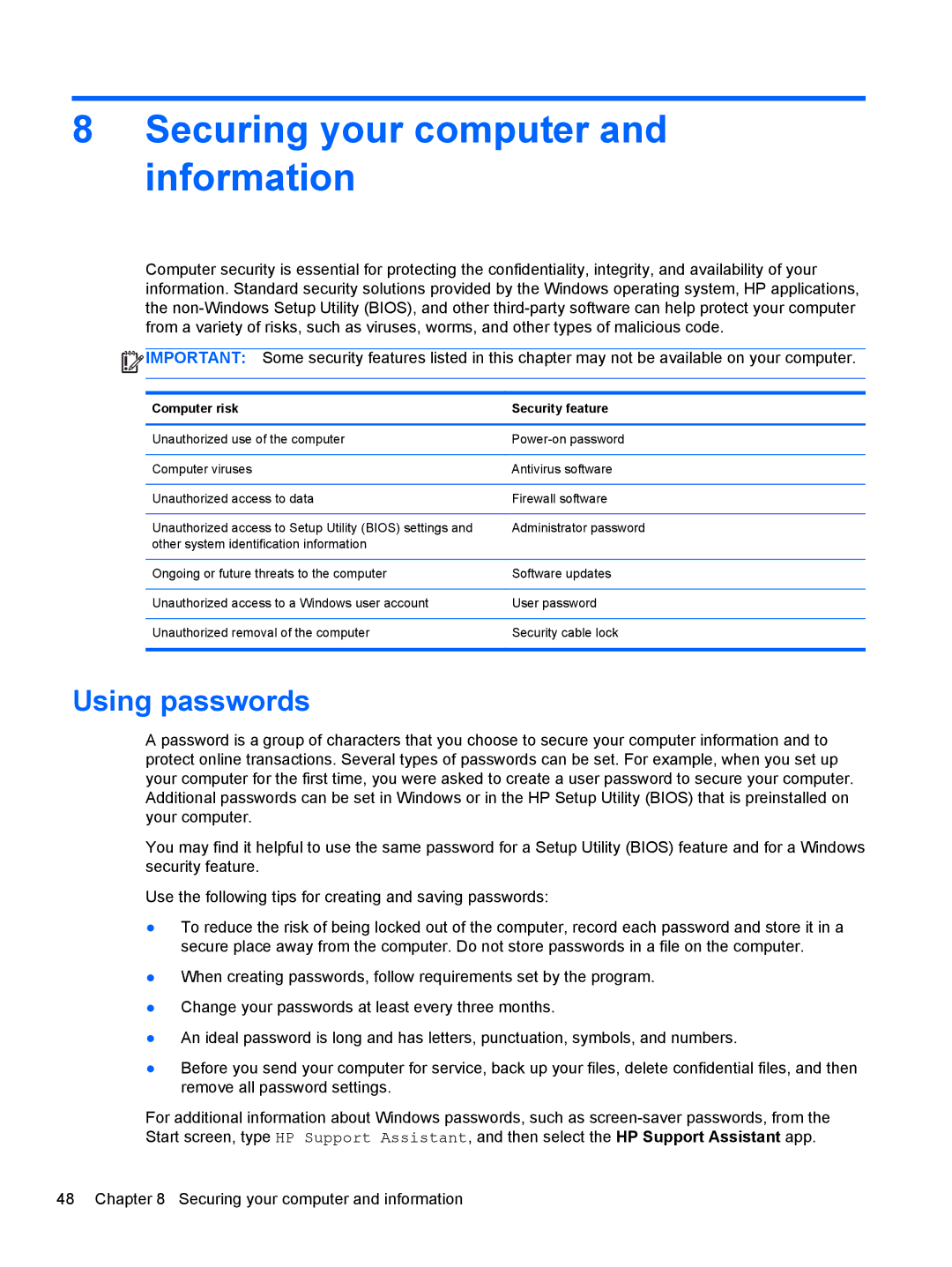 HP Provantage F3F15UA#ABA manual Securing your computer and information, Using passwords 