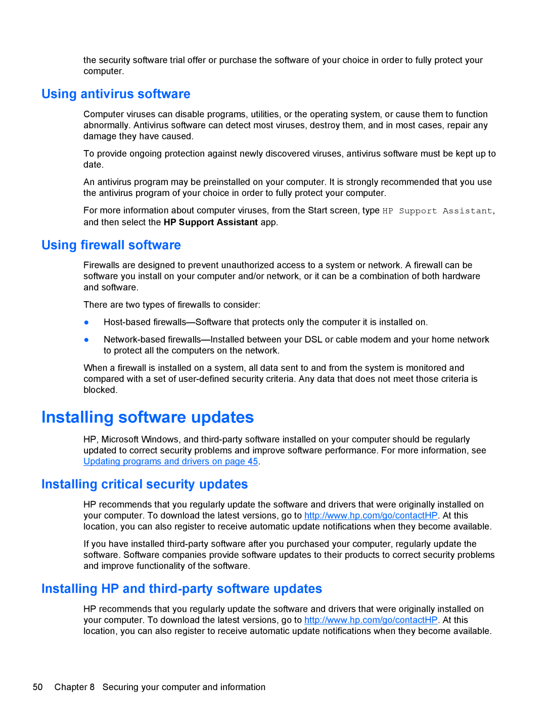 HP Provantage F3F15UA#ABA manual Installing software updates, Using antivirus software, Using firewall software 