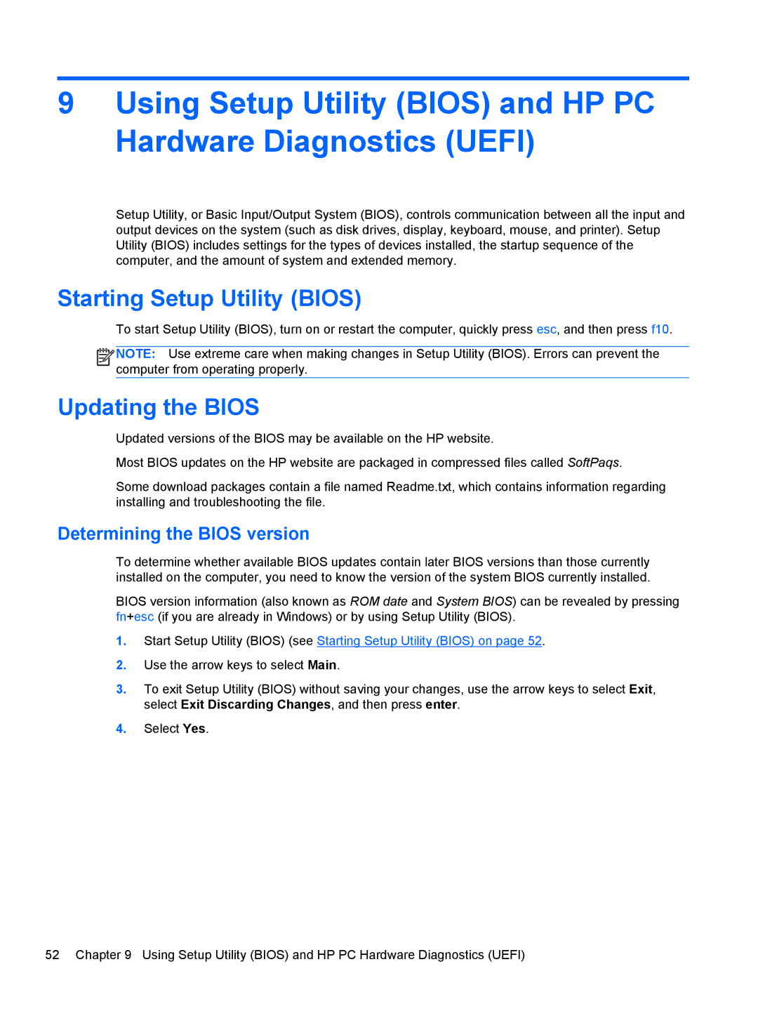 HP Provantage F3F15UA#ABA manual Starting Setup Utility Bios, Updating the Bios, Determining the Bios version 