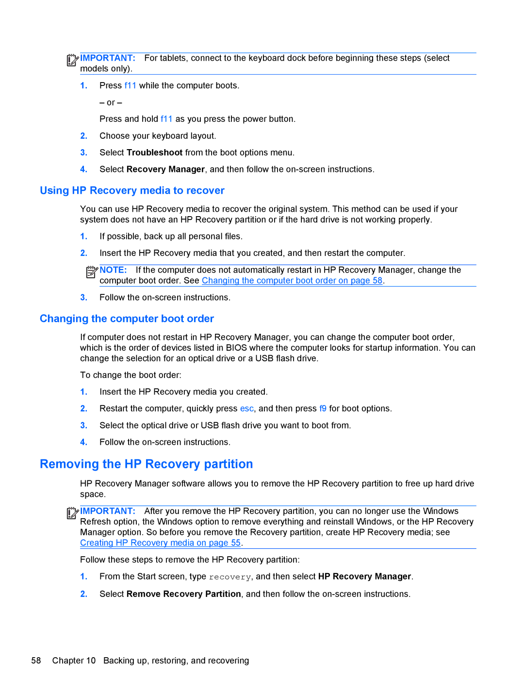 HP Provantage F3F15UA#ABA manual Removing the HP Recovery partition, Using HP Recovery media to recover 