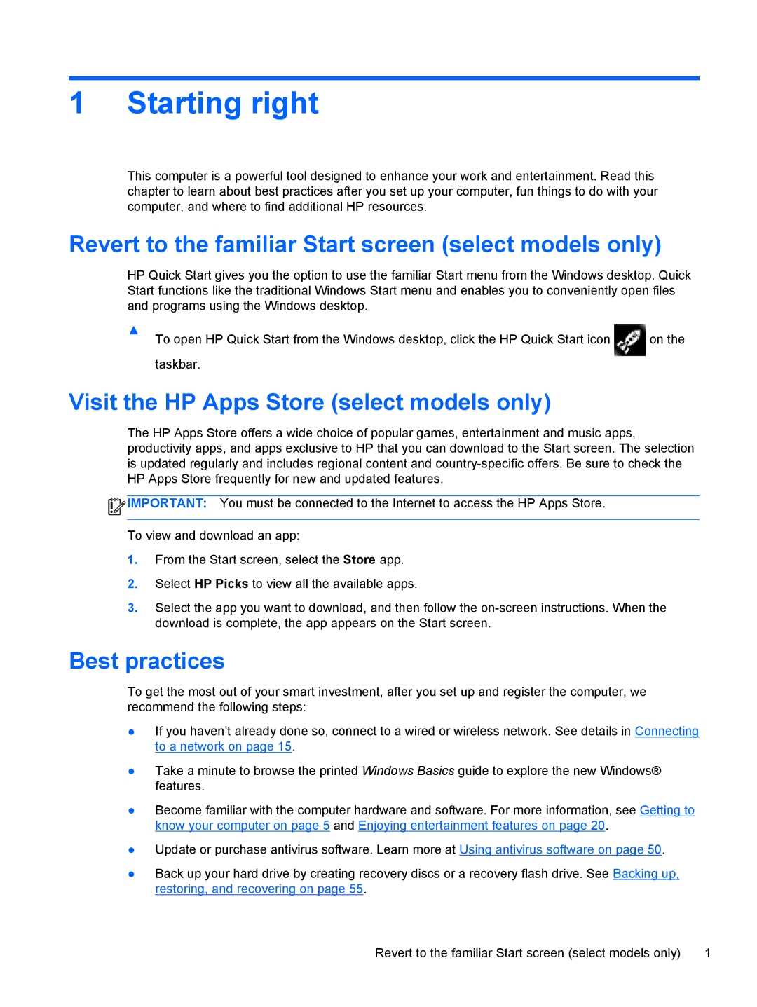 HP Provantage F3F15UA#ABA manual Starting right, Revert to the familiar Start screen select models only, Best practices 