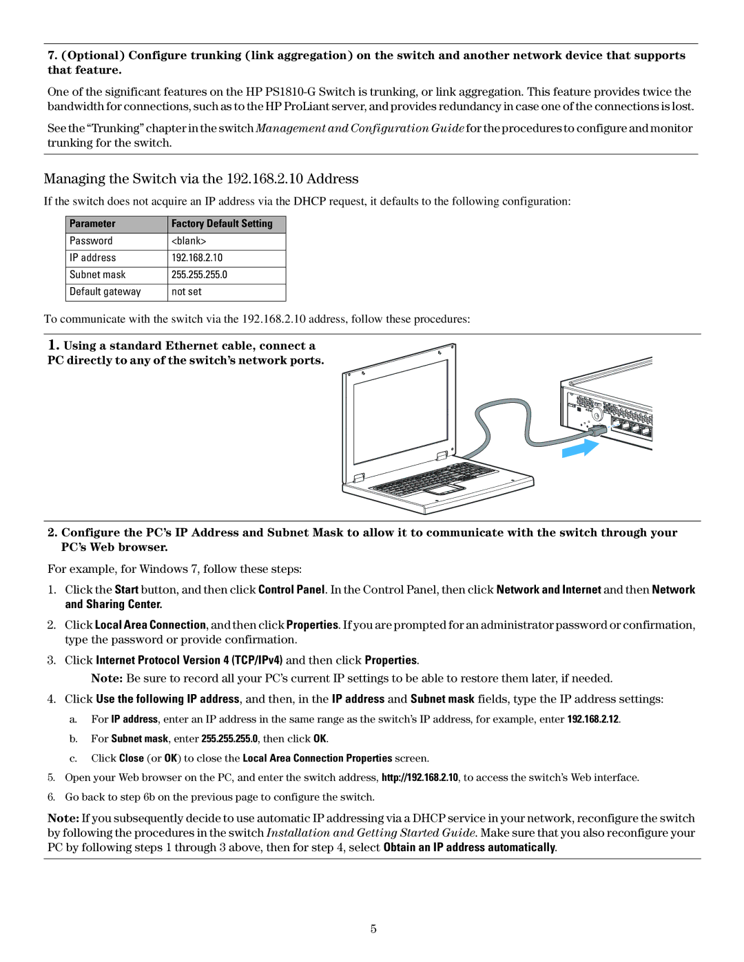 HP Ps1810-8g J9833AABA manual Managing the Switch via the 192.168.2.10 Address, Parameter 