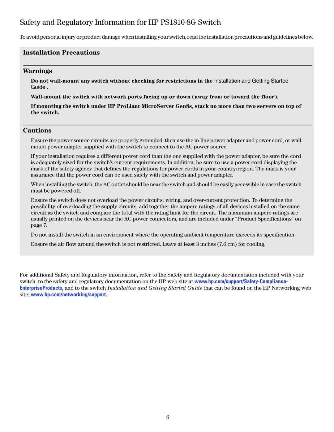 HP Ps1810-8g J9833AABA manual Safety and Regulatory Information for HP PS1810-8G Switch, Installation Precautions 