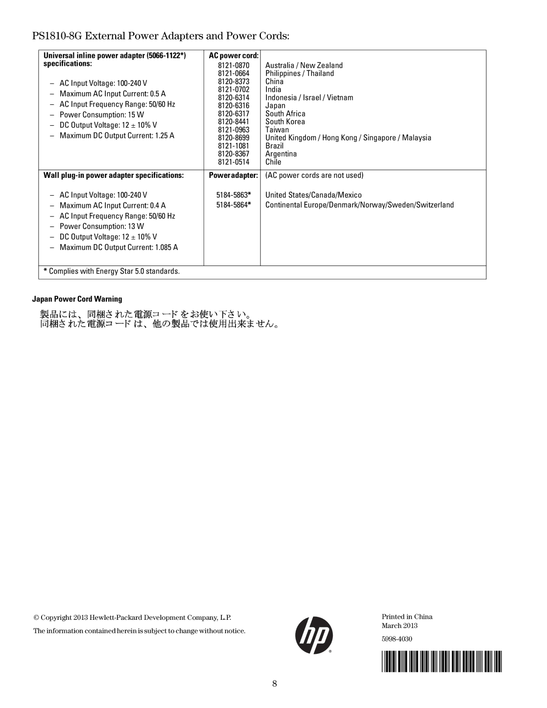 HP Ps1810-8g J9833AABA manual PS1810-8G External Power Adapters and Power Cords, Specifications, Japan Power Cord Warning 