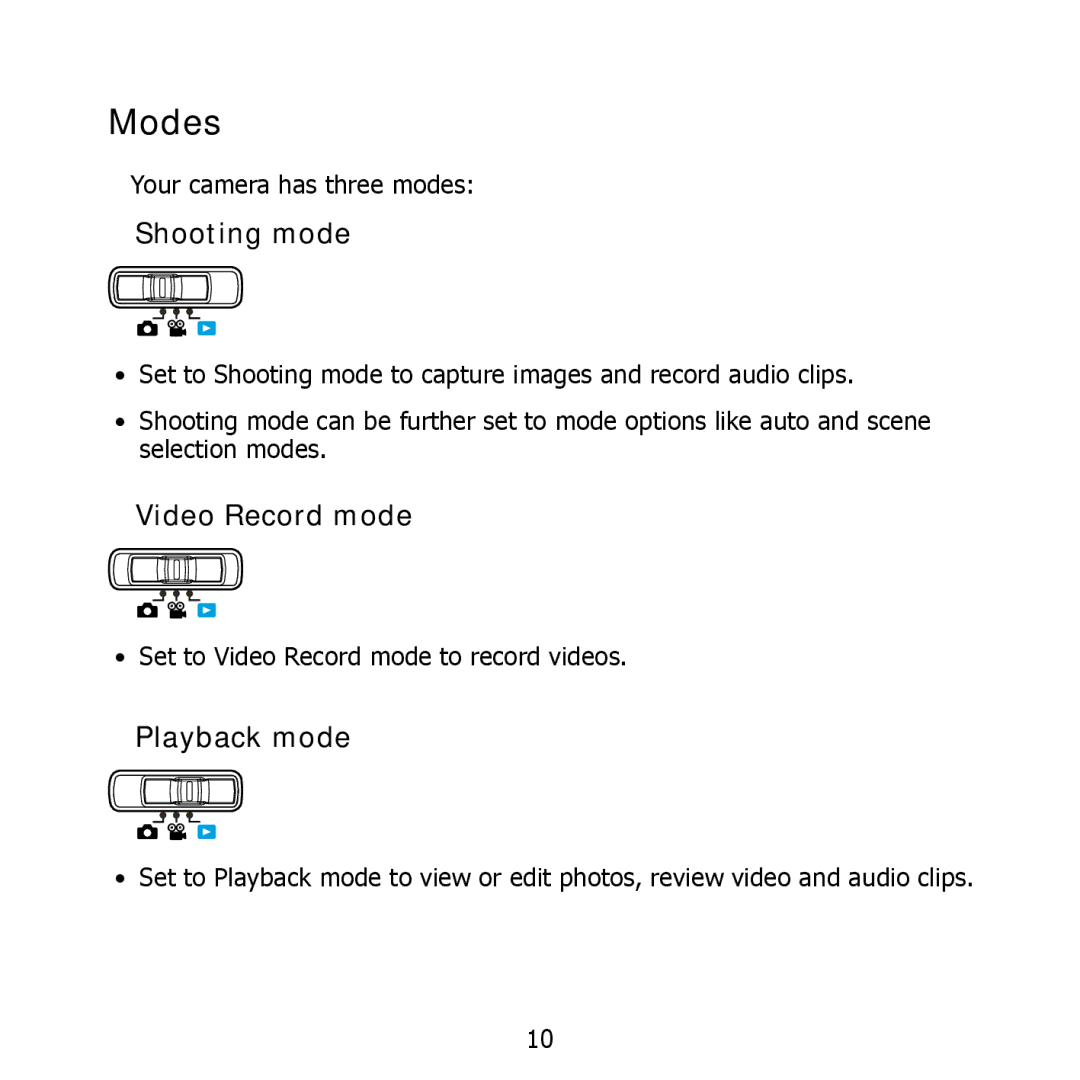 HP PW550 manual Modes, Shooting mode, Video Record mode, Playback mode 