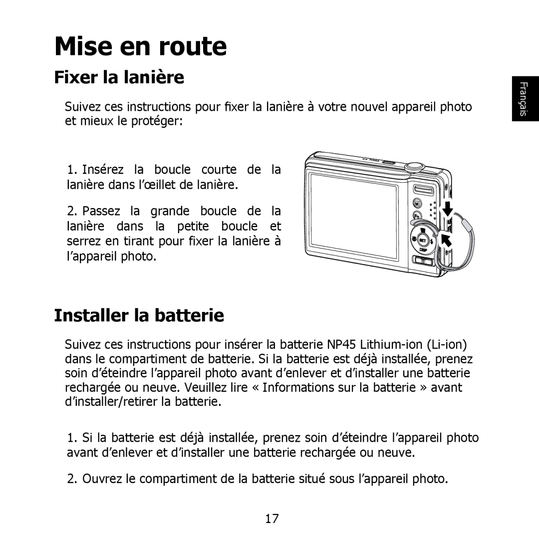 HP PW550 manual Mise en route, Fixer la lanière, Installer la batterie 