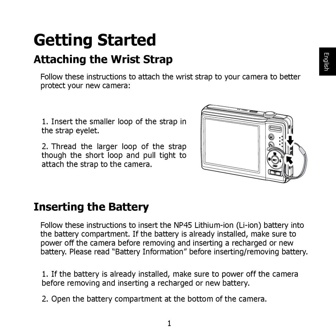 HP PW550 manual Getting Started, Attaching the Wrist Strap, Inserting the Battery 