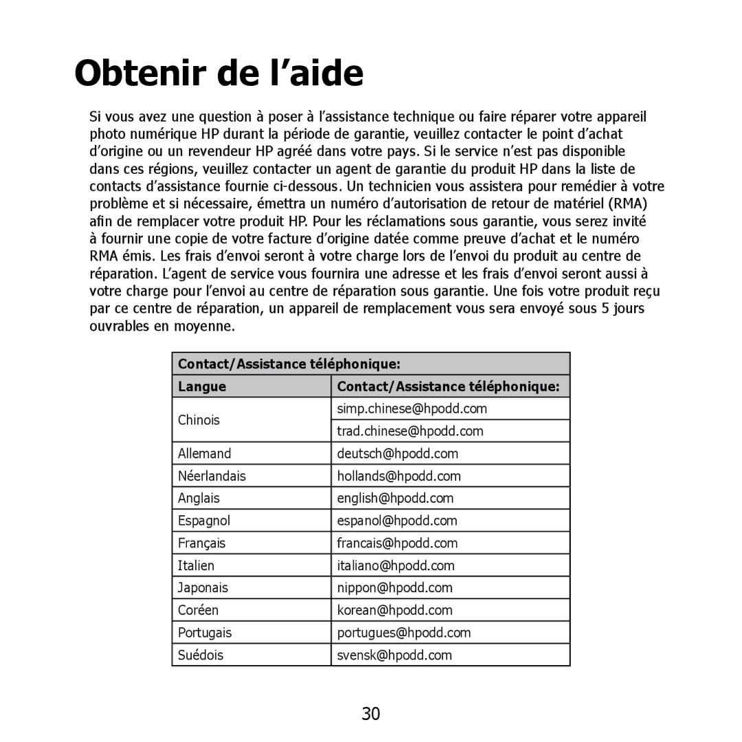 HP PW550 manual Obtenir de l’aide, Contact/Assistance téléphonique Langue 