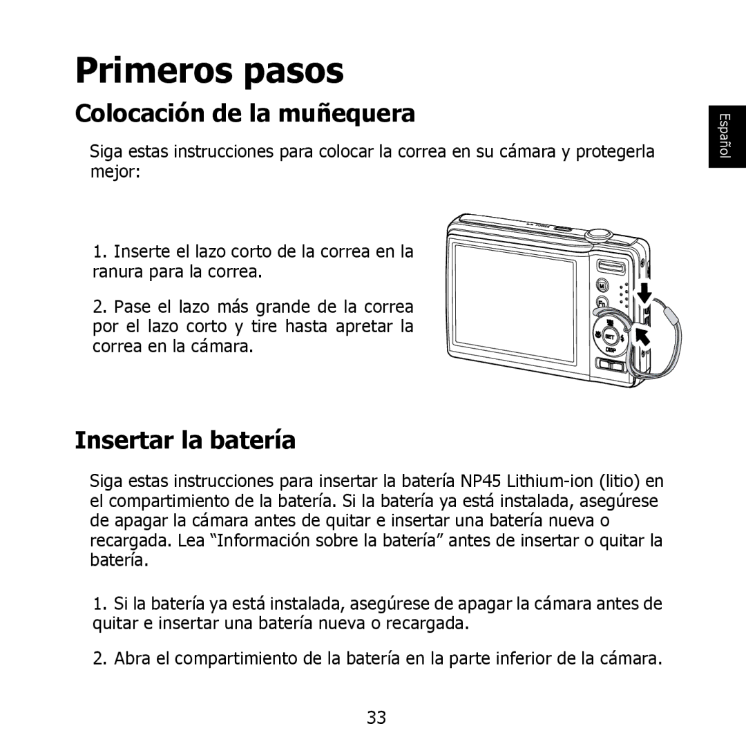 HP PW550 manual Primeros pasos, Colocación de la muñequera, Insertar la batería 