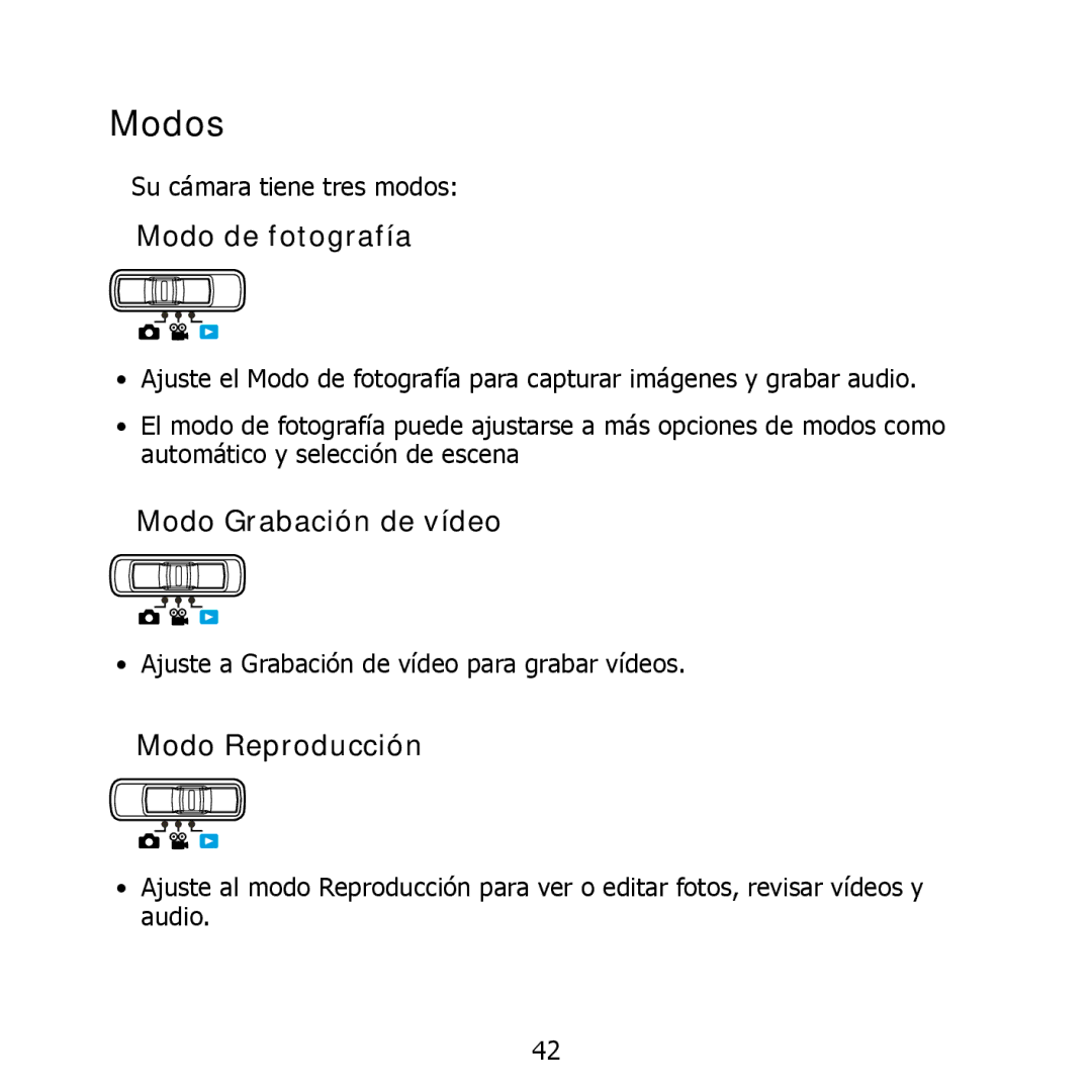 HP PW550 manual Modos, Modo de fotografía, Modo Grabación de vídeo, Modo Reproducción 