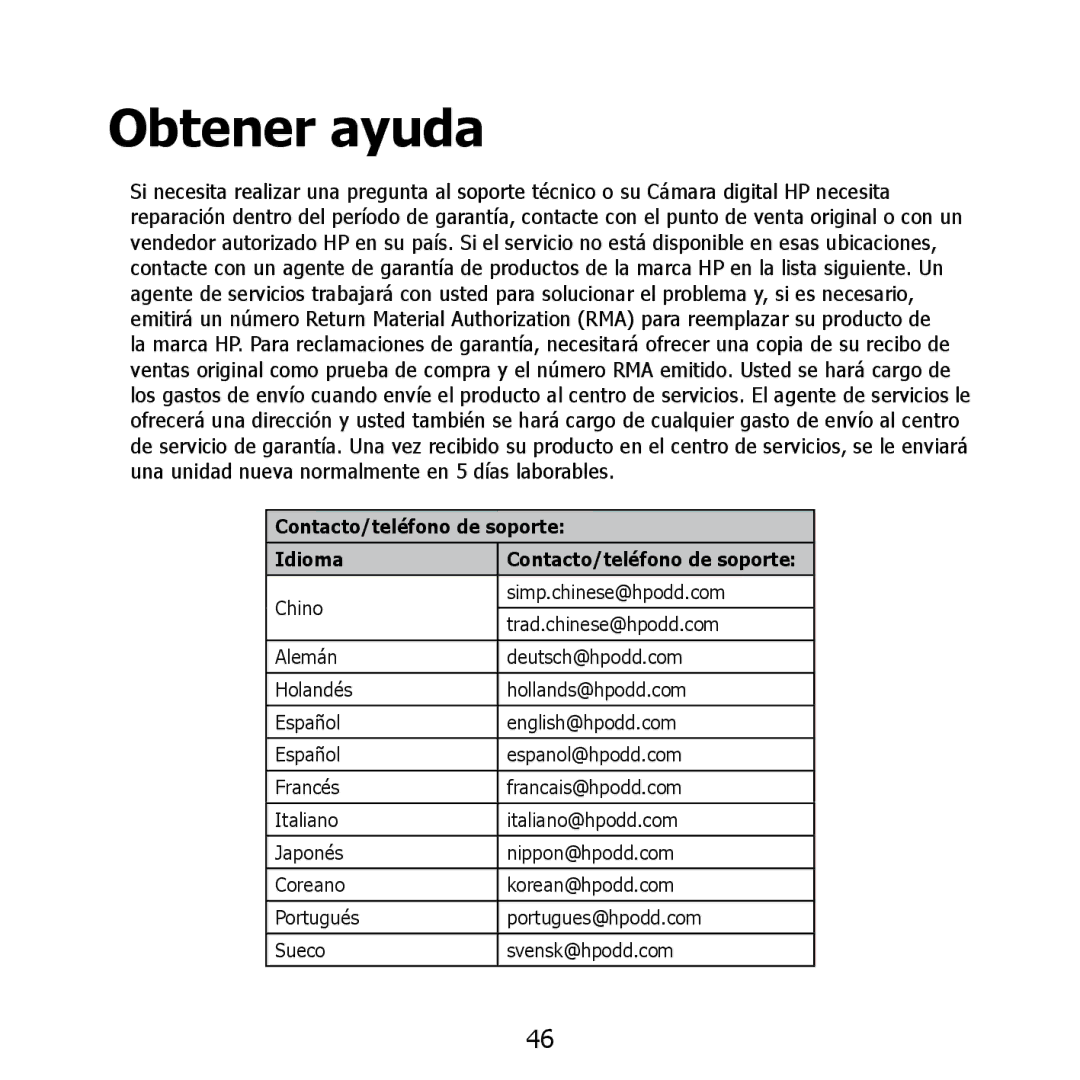 HP PW550 manual Obtener ayuda, Contacto/teléfono de soporte Idioma 