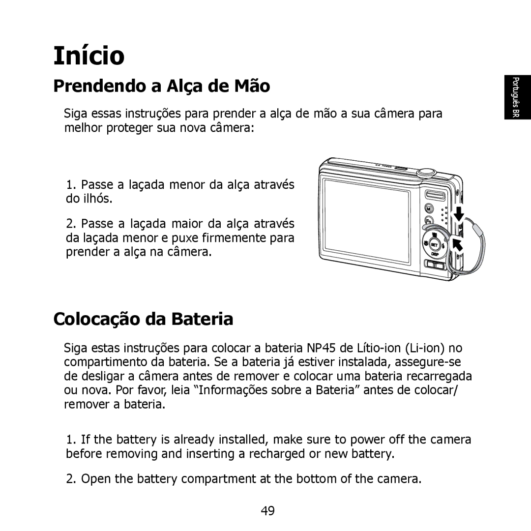 HP PW550 manual Início, Prendendo a Alça de Mão, Colocação da Bateria 