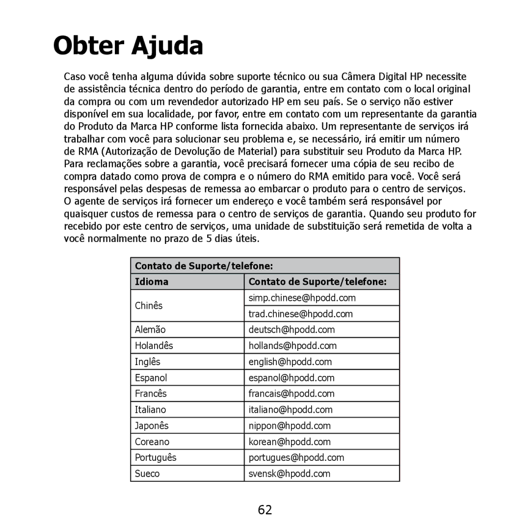 HP PW550 manual Obter Ajuda, Contato de Suporte/telefone Idioma 