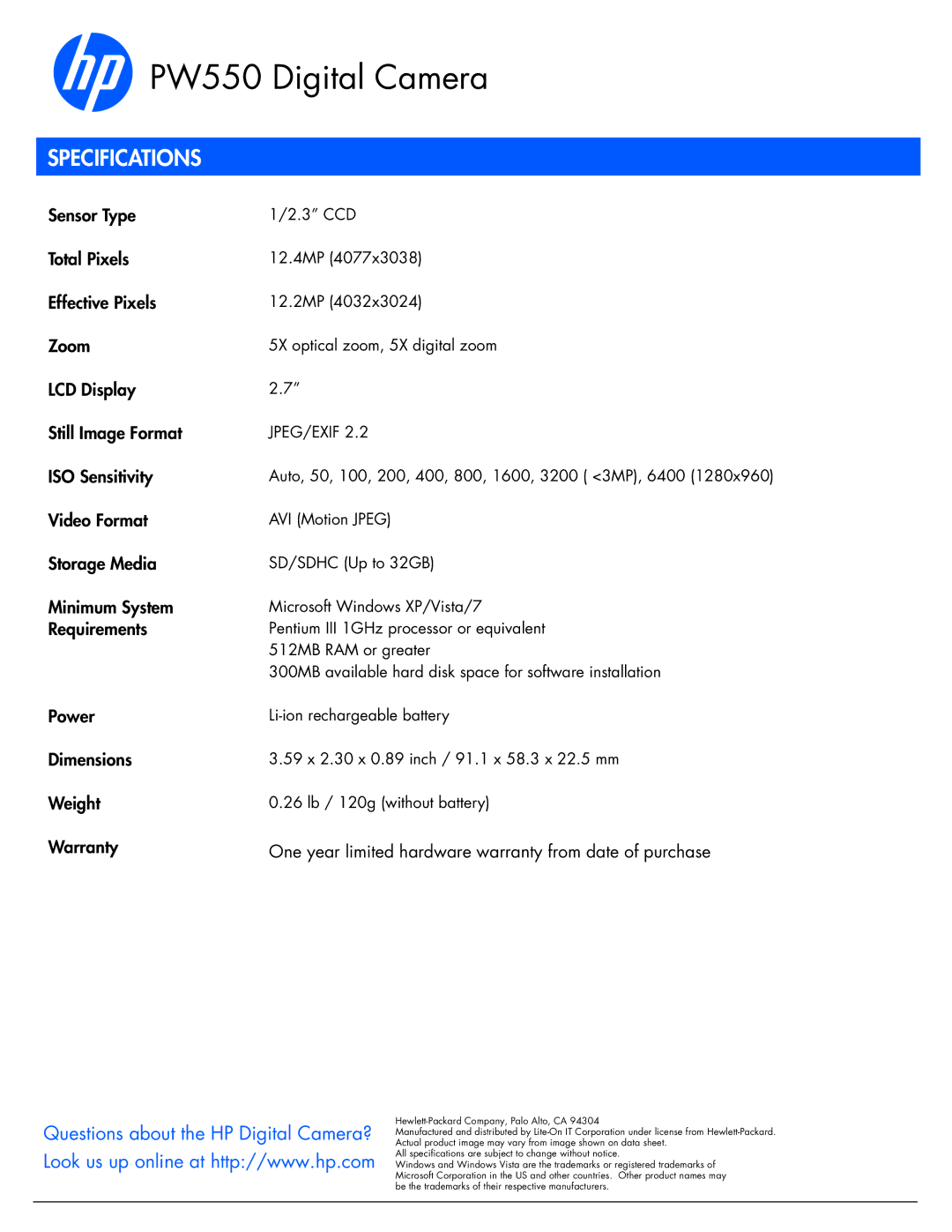 HP PW550 manual Specifications 