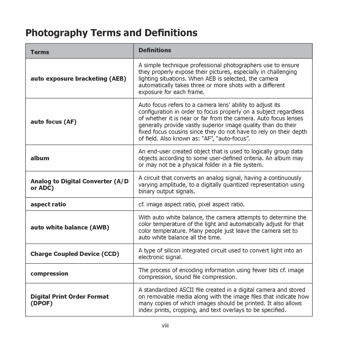 HP PW550 manual Photography Terms and Definitions, Auto exposure bracketing AEB 