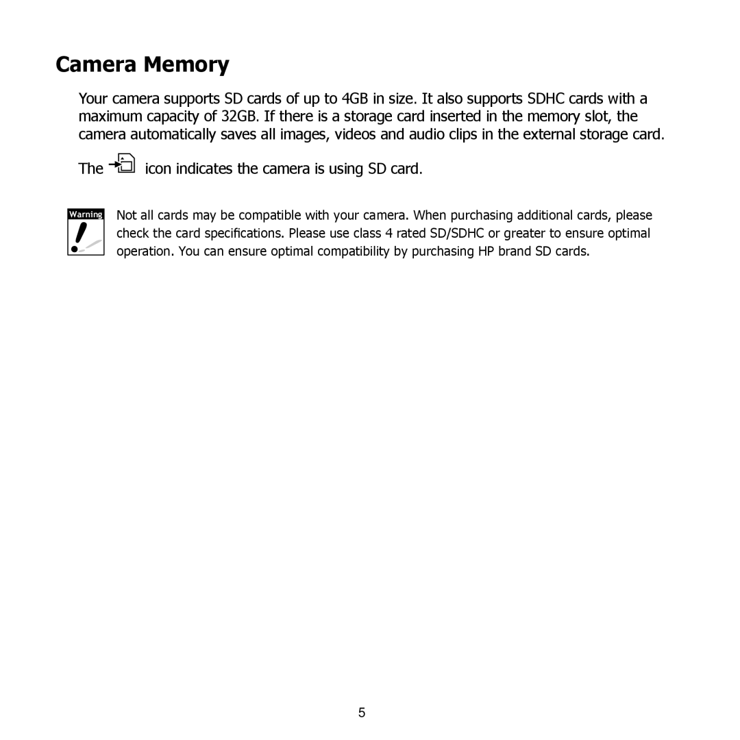 HP PW550 manual Camera Memory, Icon indicates the camera is using SD card 