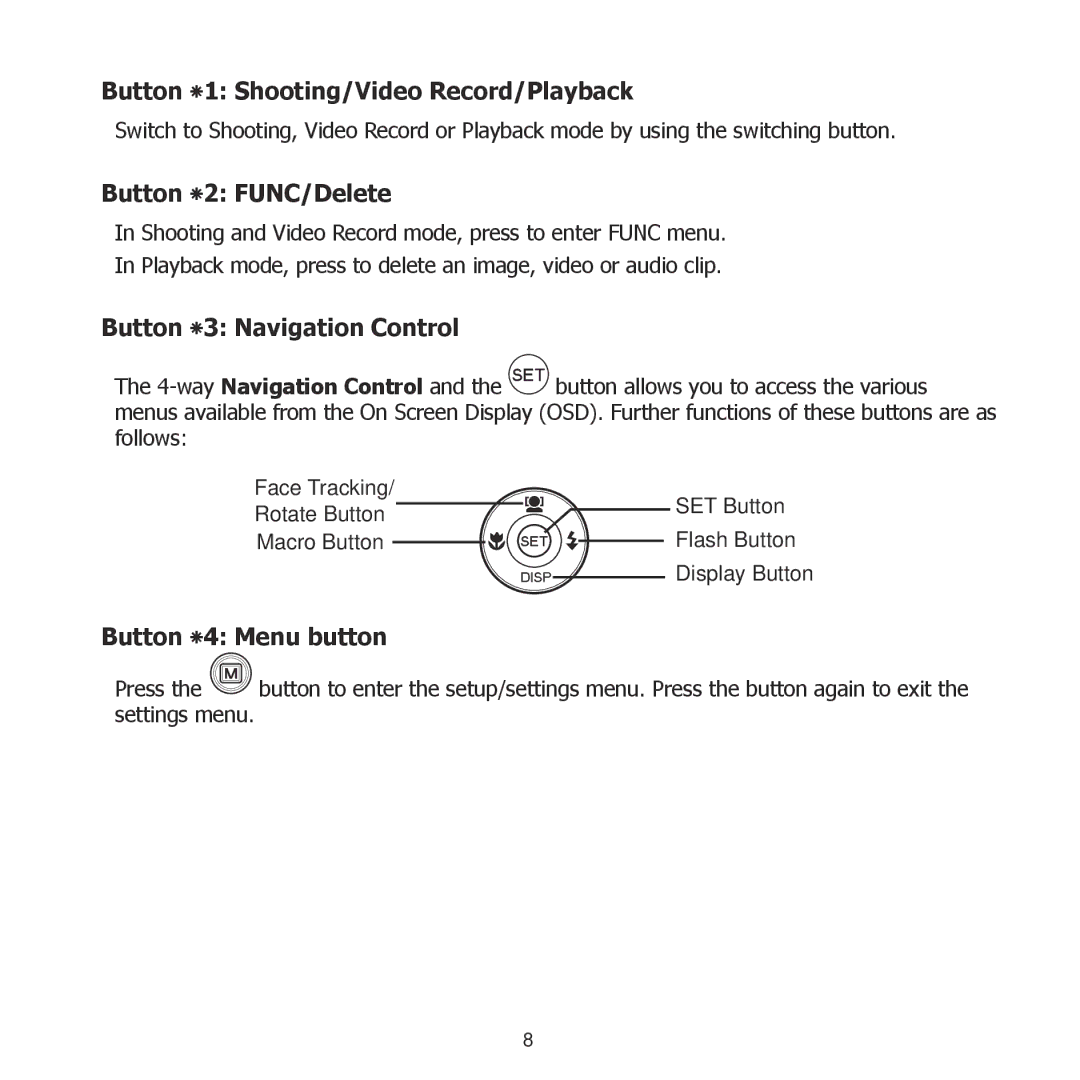 HP PW550 manual Button ٭1 Shooting/Video Record/Playback, Button ٭2 FUNC/Delete, Button ٭3 Navigation Control 