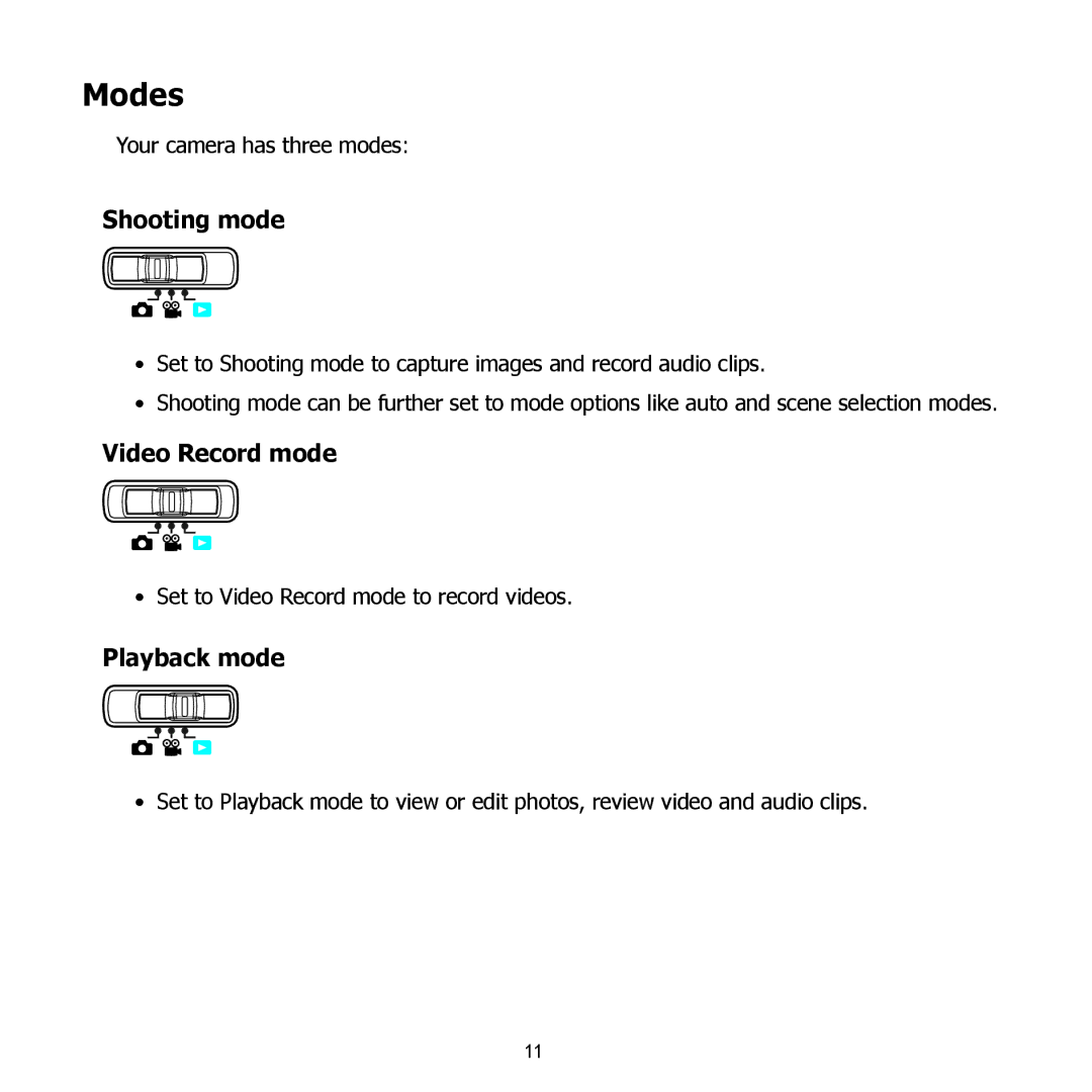 HP PW550 manual Modes, Shooting mode, Video Record mode, Playback mode 